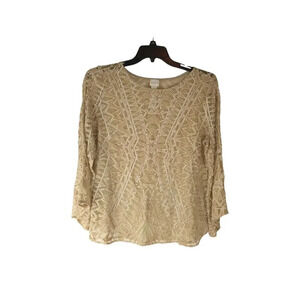 Chicos Womens Blouse Brown Cold Shoulder Sleeve Round Neck Pullover 2